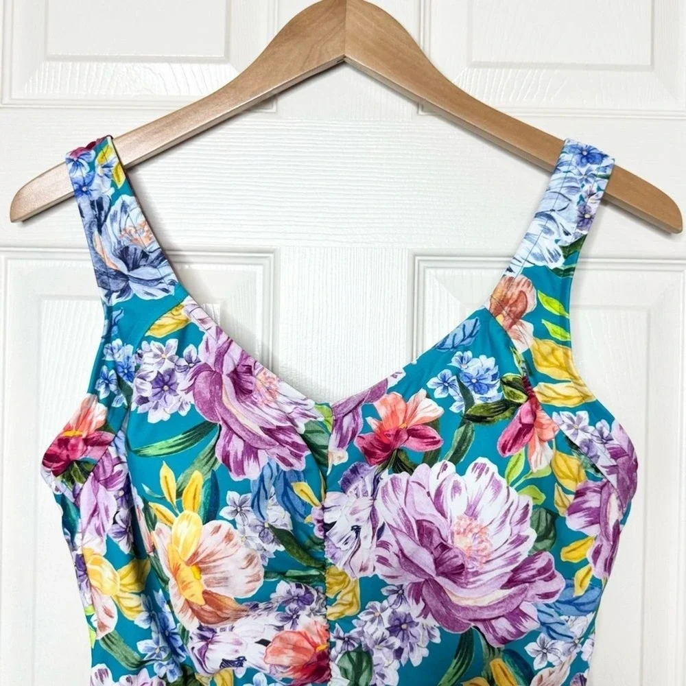 Maxine Of Hollywood Floral Shirred Front Girl Leg One-Piece Swimsuit Size 22W